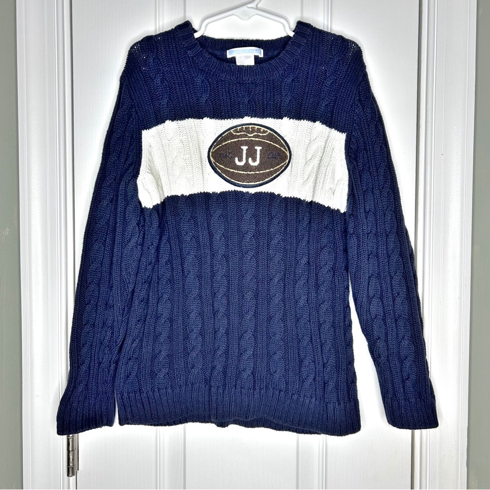 Janie & Jack HTF Rare Classic Cable Knit Football Sweater Navy Blue White Size 6